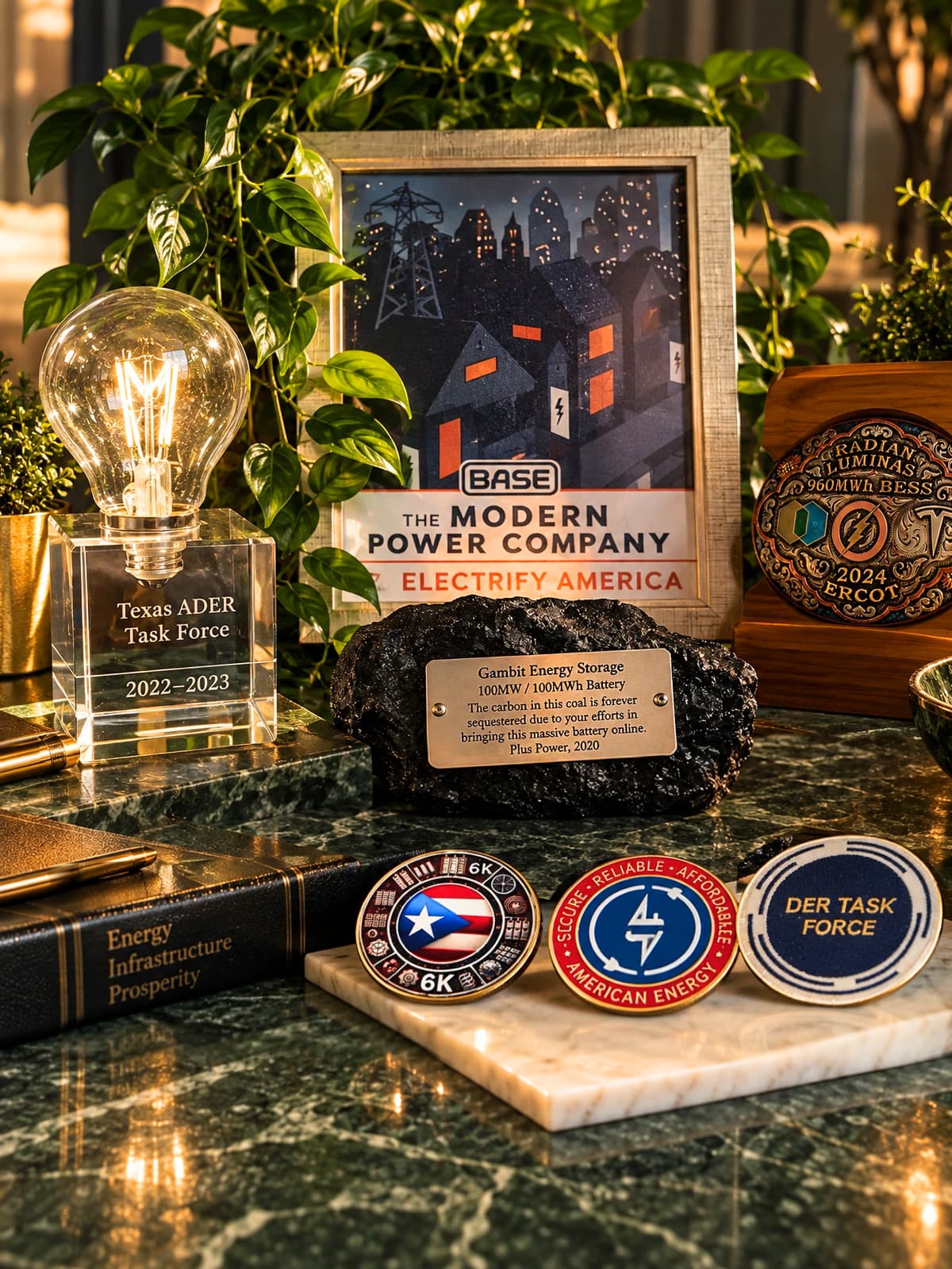 Arushi's energy memorabilia: a Base Power poster, a Texas ADER Task Force crystal, the Gambit Energy Storage coal plaque, a Radian Luminas battery buckle and challenge coins